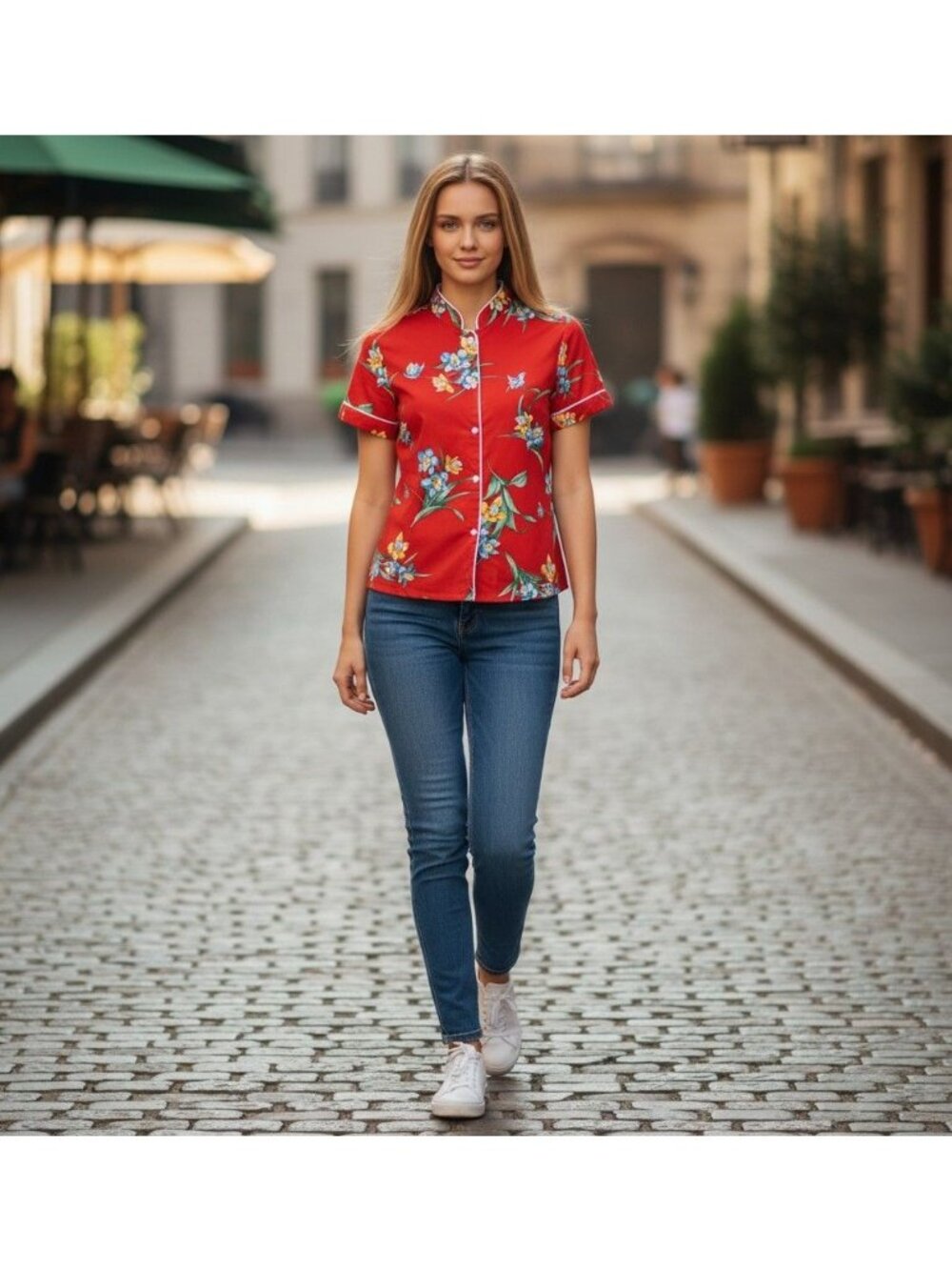 Hilo Hattie Women’s Red Floral Print Button-Up Hawaiian Blouse Mandarin Collar